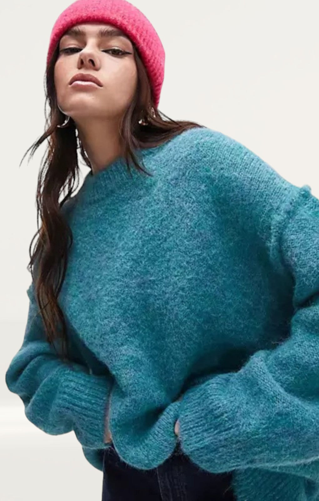 Topshop Knitted Longline Exposed Seam Fluffy Crew Neck Jumper in Teal product image