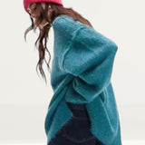 Topshop Knitted Longline Exposed Seam Fluffy Crew Neck Jumper in Teal product image