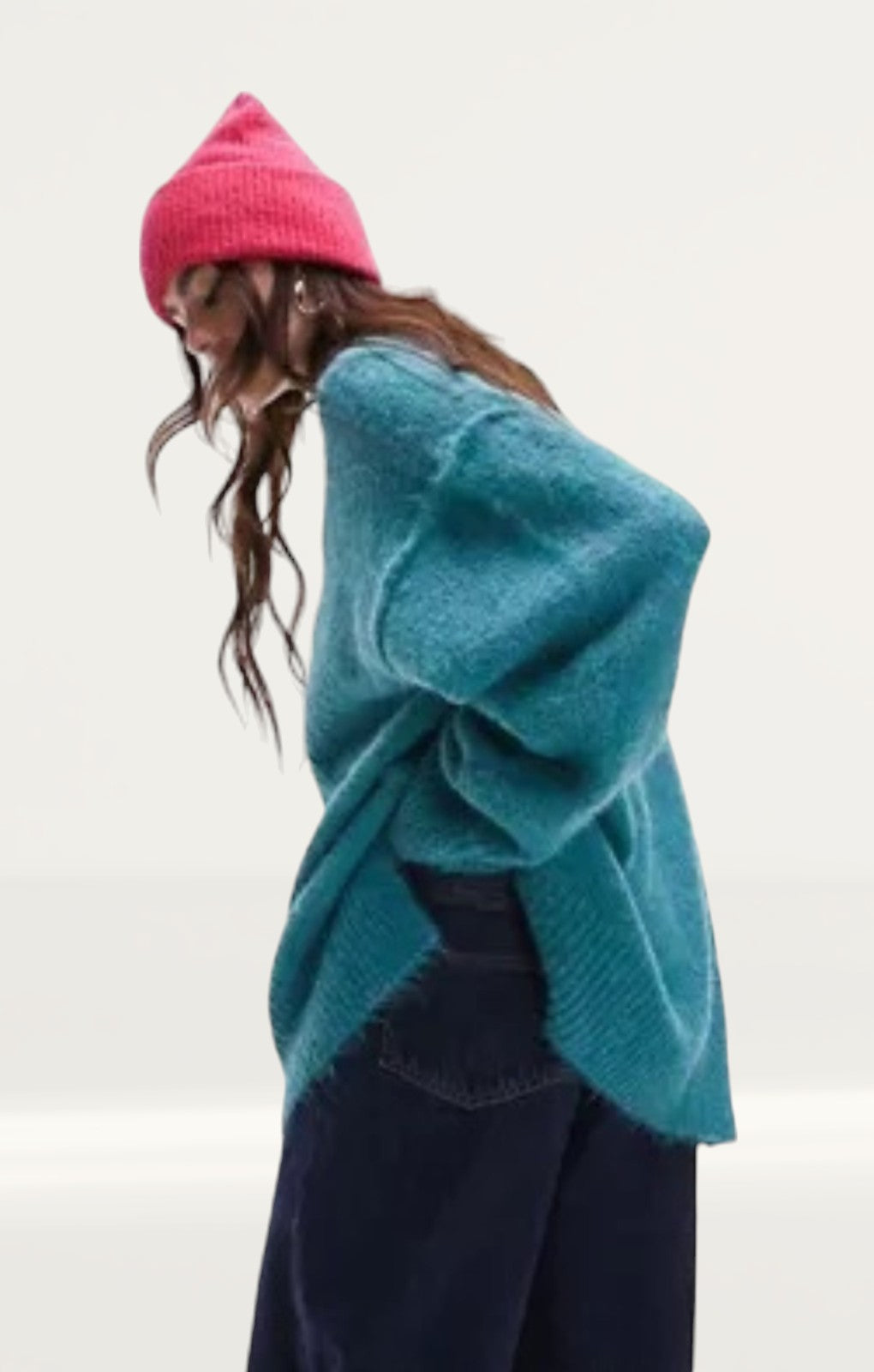 Topshop Knitted Longline Exposed Seam Fluffy Crew Neck Jumper in Teal