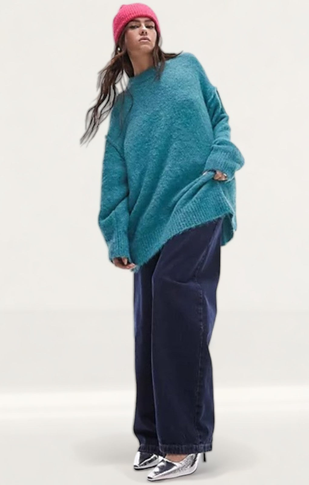 Topshop Knitted Longline Exposed Seam Fluffy Crew Neck Jumper in Teal product image