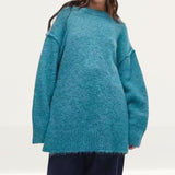 Topshop Knitted Longline Exposed Seam Fluffy Crew Neck Jumper in Teal product image