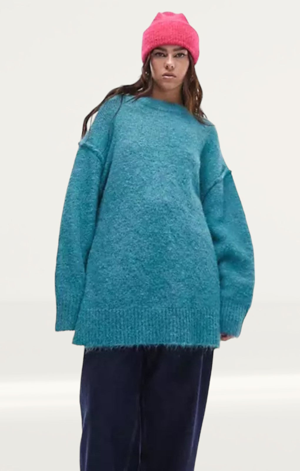 Topshop Knitted Longline Exposed Seam Fluffy Crew Neck Jumper in Teal product image