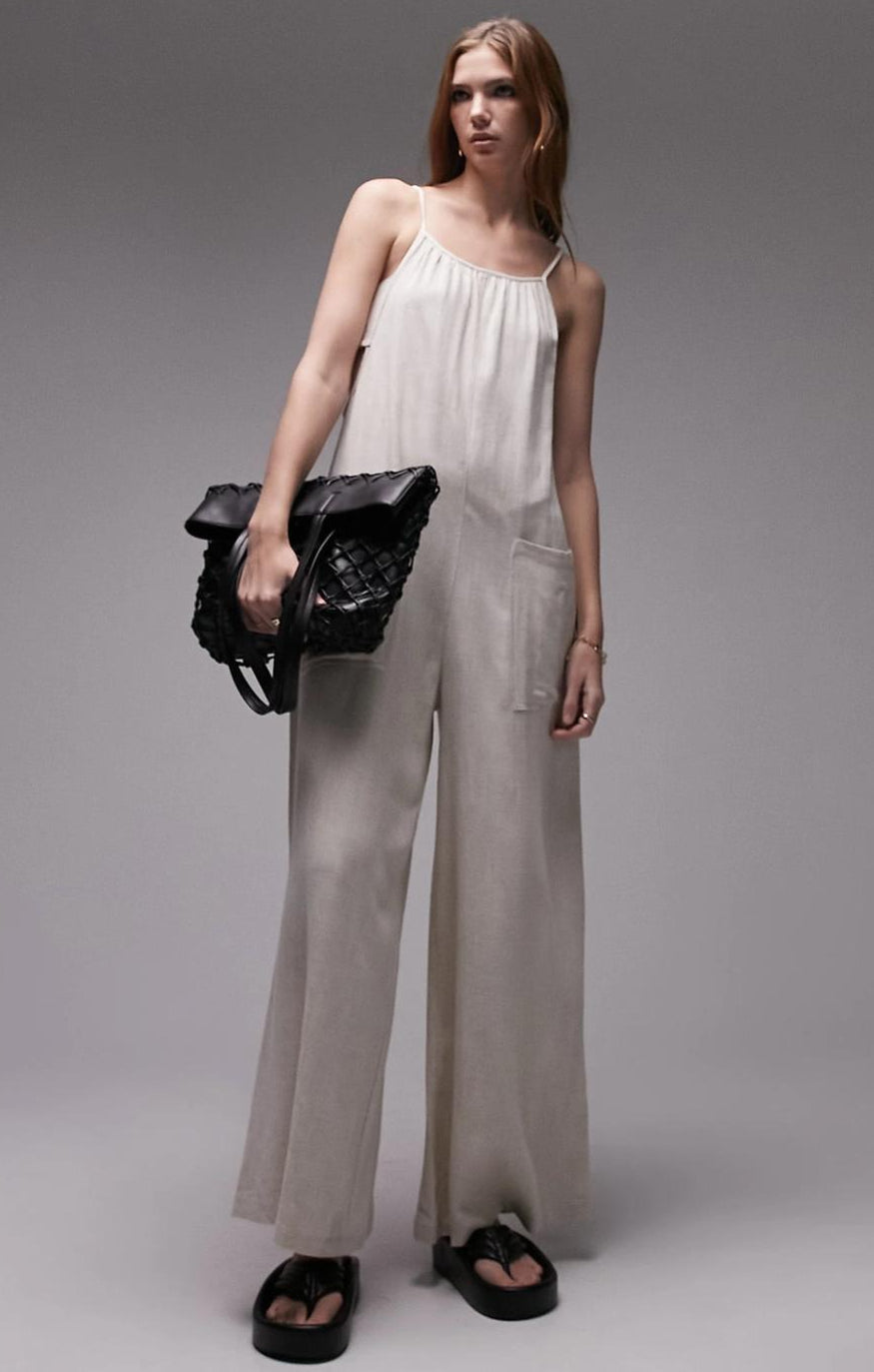 Topshop Linen Jumpsuit With Pockets In Oatmeal – jumpsuits & playsuits by Topshop, available to rent from Hirestreet