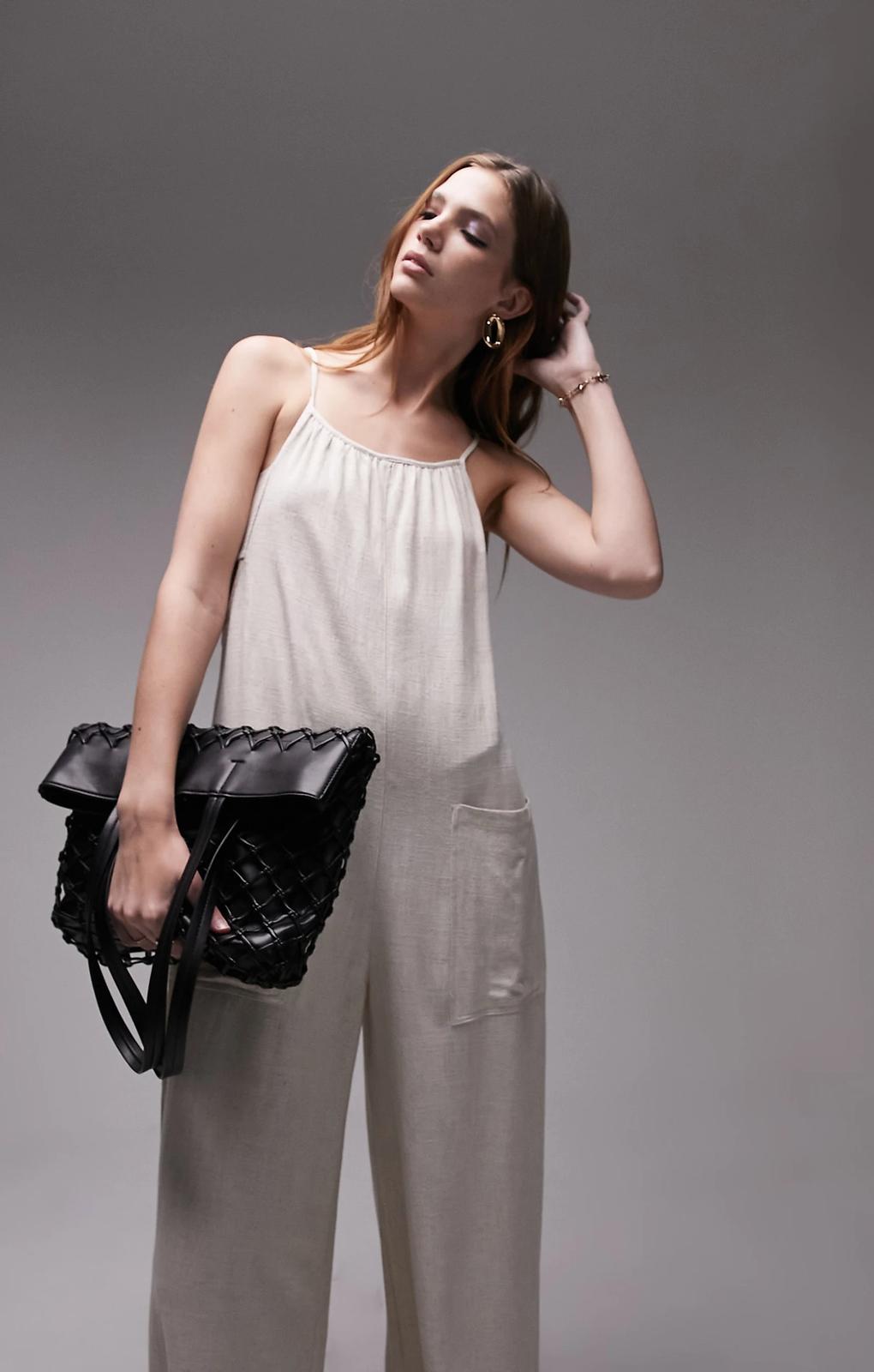 Topshop Linen Jumpsuit With Pockets In Oatmeal – jumpsuits & playsuits by Topshop, available to rent from Hirestreet