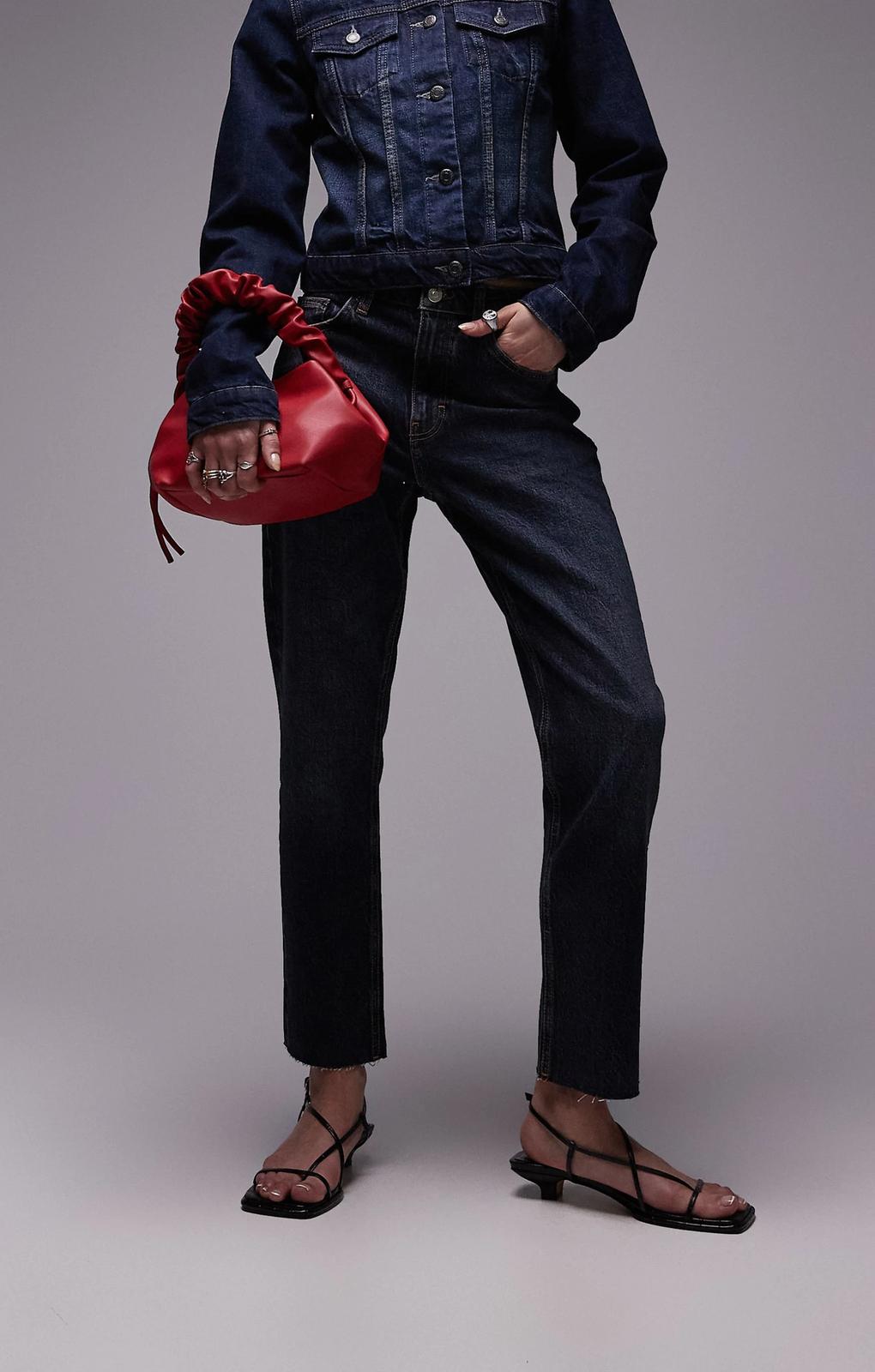 Topshop Mid Rise Straight Cropped Jean With Raw Hems In Blue Black – jeans by Topshop, available to rent from Hirestreet