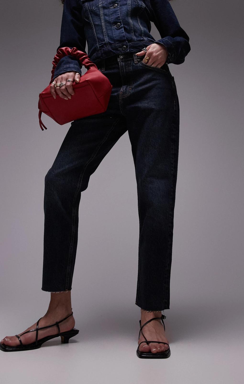 Topshop Mid Rise Straight Cropped Jean With Raw Hems In Blue Black – jeans by Topshop, available to rent from Hirestreet