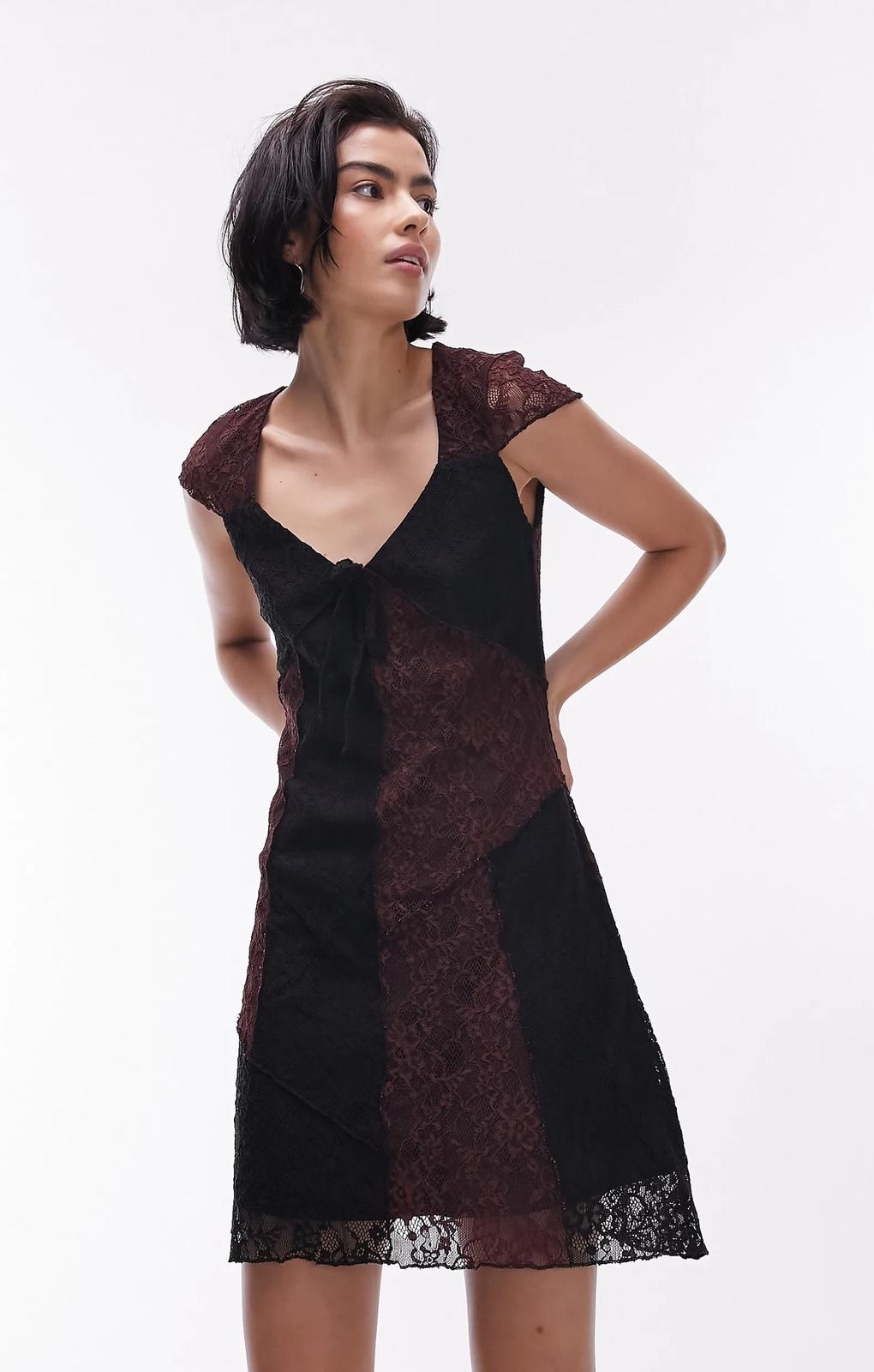 Topshop Mix And Match Lace Cap Sleeve Jersey Mini Dress In Multi – dresses by Topshop, available to rent from Hirestreet