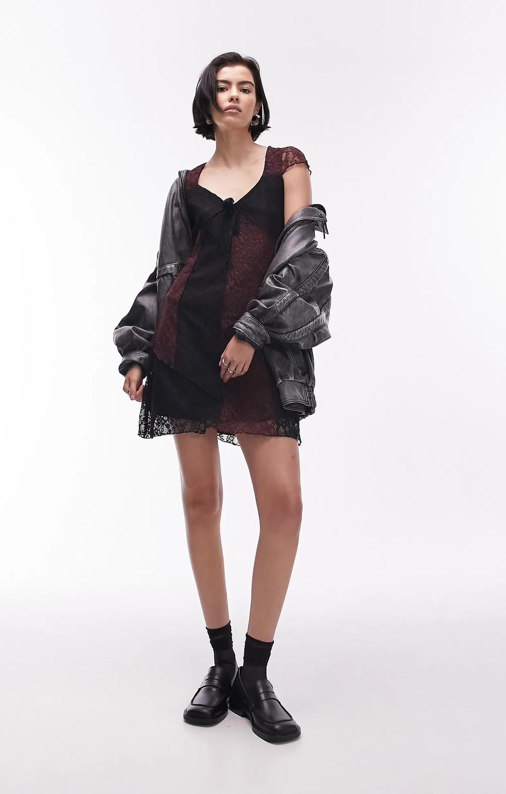 Topshop Mix And Match Lace Cap Sleeve Jersey Mini Dress In Multi – dresses by Topshop, available to rent from Hirestreet