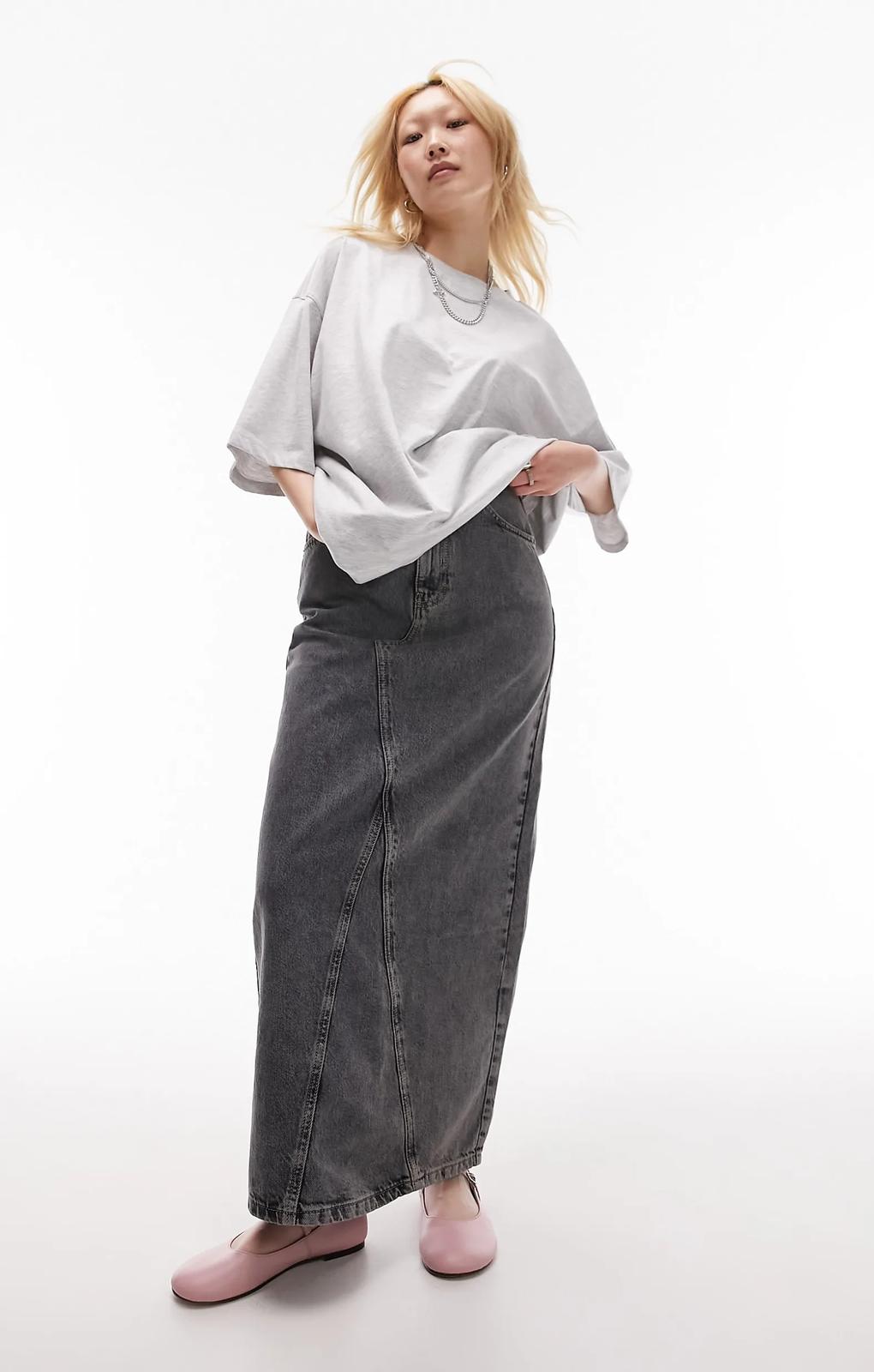 Topshop Petite Denim Column Maxi Skirt In Dark Grey – skirts by Topshop Petite, available to rent from Hirestreet
