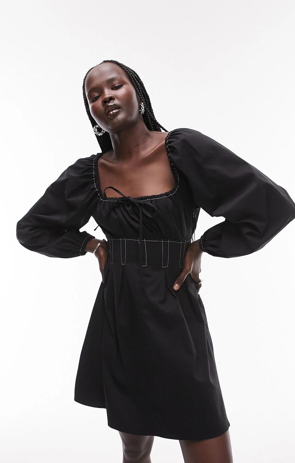 Topshop Poplin Topstitch Tea Dress In Black – dresses by Topshop, available to rent from Hirestreet