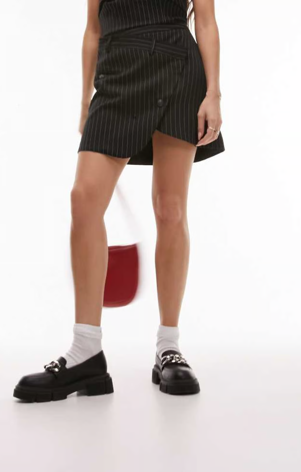 Topshop Wrap Tailored Mini Skirt In Mono Pinstripe – skirts by Topshop, available to rent from Hirestreet