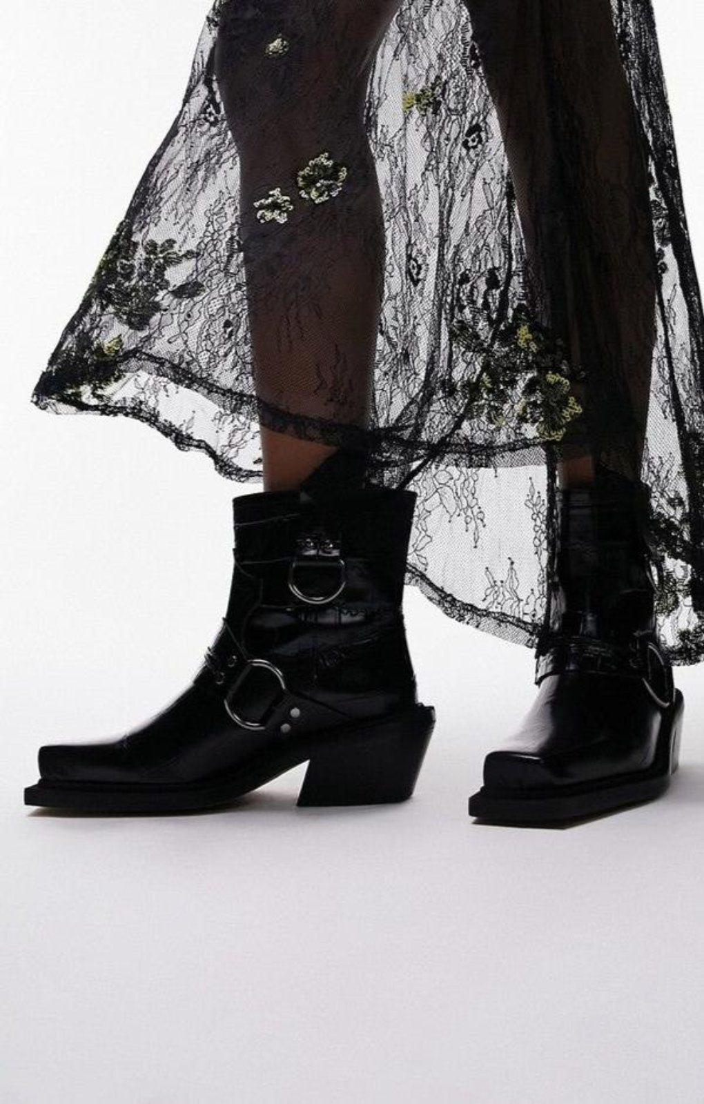 Topshop Roxy Premium Leather Western Biker Boot In Black Croc