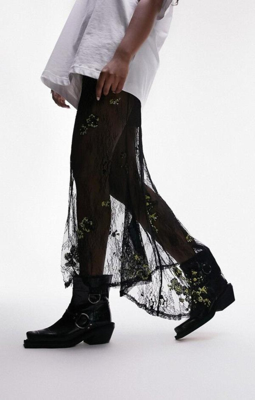 Topshop Roxy Premium Leather Western Biker Boot In Black Croc