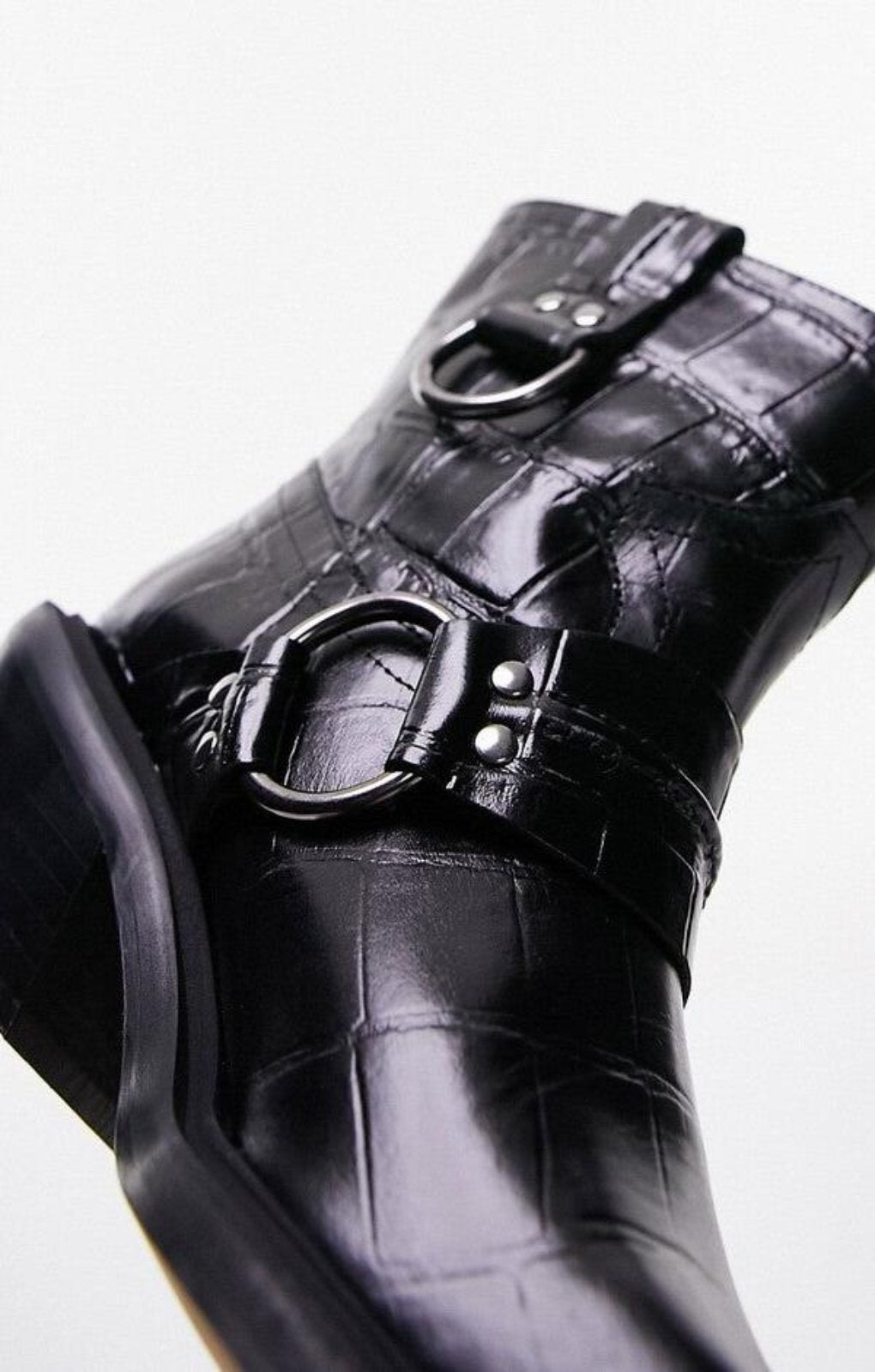 Topshop Roxy Premium Leather Western Biker Boot In Black Croc