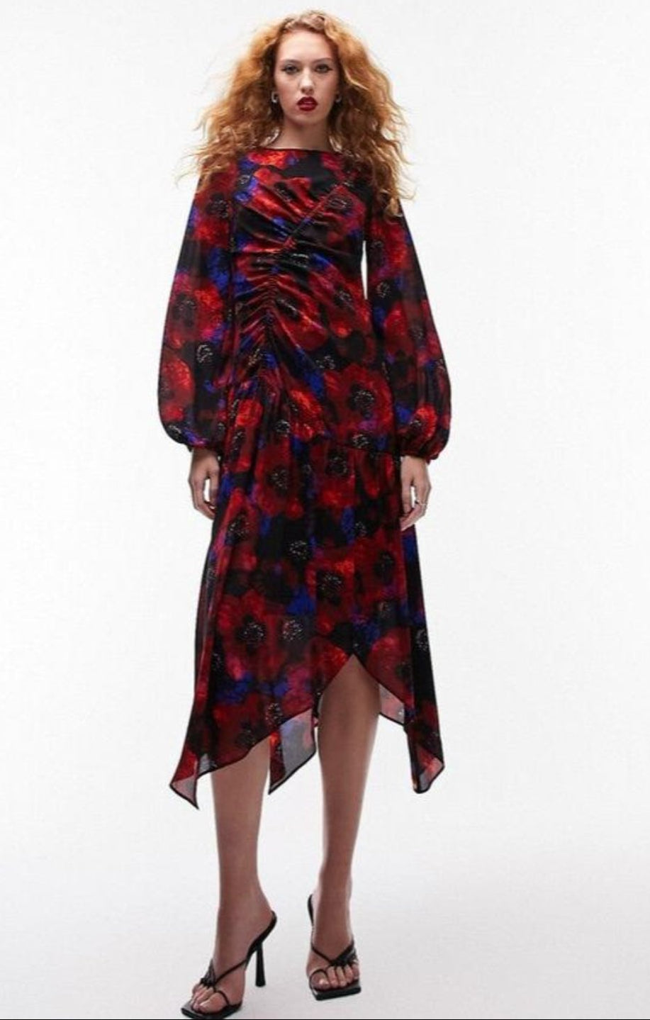 Topshop Ruched Long Sleeve Midi Dress In Bold Floral Print