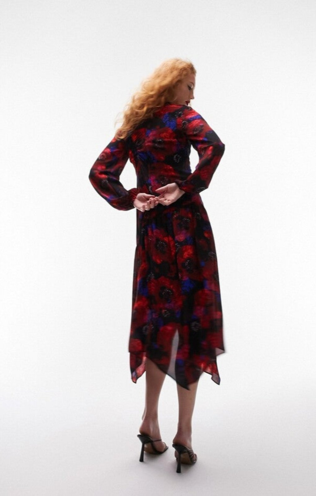Topshop Ruched Long Sleeve Midi Dress In Bold Floral Print