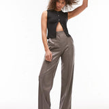 Topshop Tall Faux Leather Wide Leg Tailored Trouser In Taupe – trousers by Topshop Tall, available to rent from Hirestreet