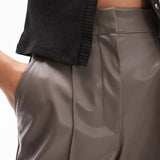 Topshop Tall Faux Leather Wide Leg Tailored Trouser In Taupe – trousers by Topshop Tall, available to rent from Hirestreet