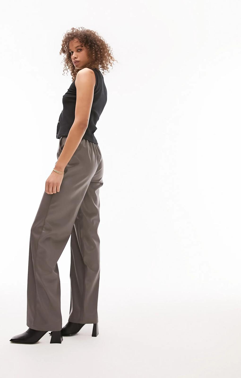 Topshop Tall Faux Leather Wide Leg Tailored Trouser In Taupe – trousers by Topshop Tall, available to rent from Hirestreet
