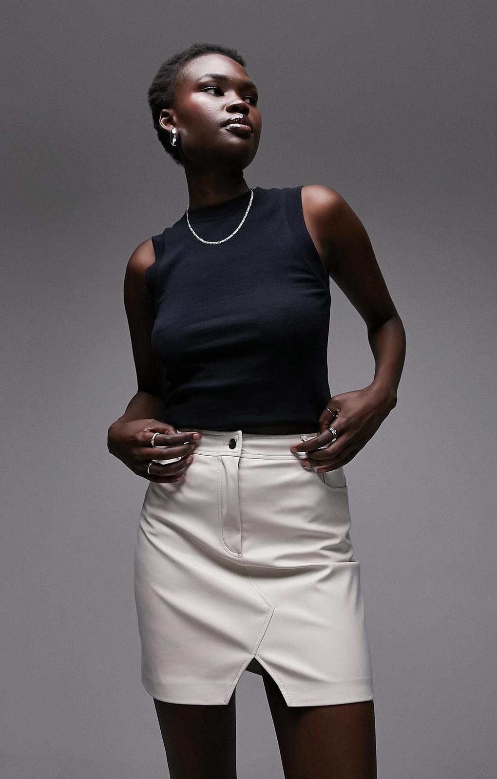 Topshop Tall Leather Look Denim Styled Mini Skirt In Ecru – skirts by Topshop Tall, available to rent from Hirestreet
