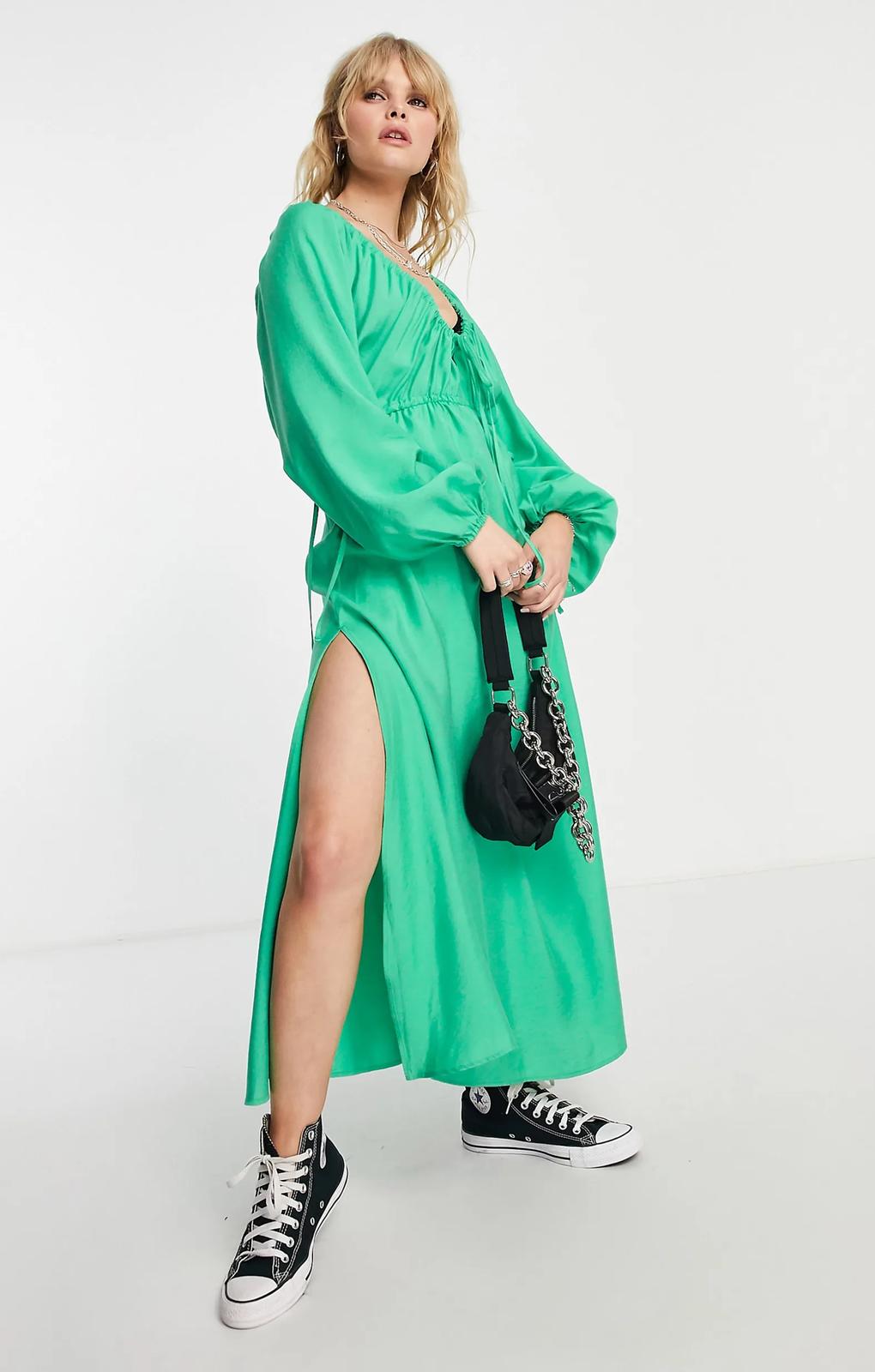 Topshop Textured Ruched Channel Midaxi Dress In Green – dresses by Topshop, available to rent from Hirestreet