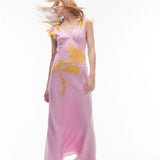 Topshop V Neck Lace Insert Midi Dress In Pink And Orange – dresses by Topshop, available to rent from Hirestreet