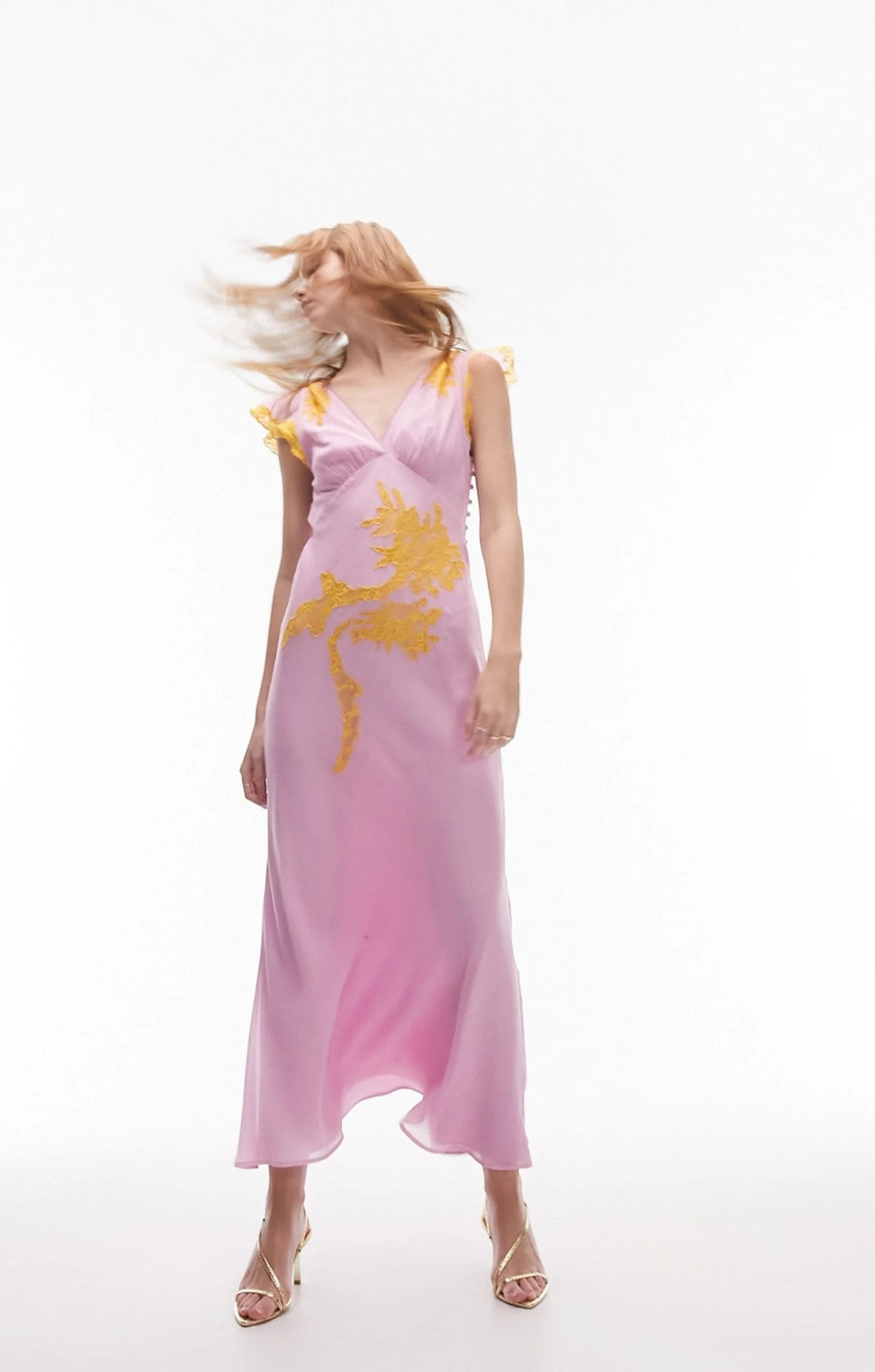 Topshop V Neck Lace Insert Midi Dress In Pink And Orange – dresses by Topshop, available to rent from Hirestreet