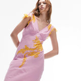 Topshop V Neck Lace Insert Midi Dress In Pink And Orange – dresses by Topshop, available to rent from Hirestreet