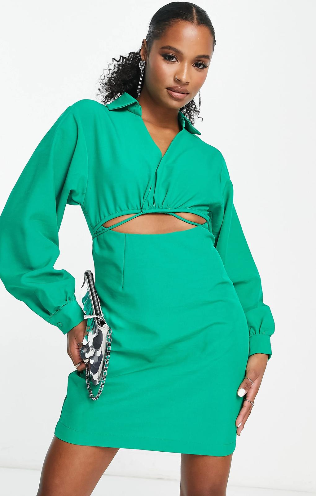 Vero Moda Petite Cut Out Tie Waist Mini Dress In Green – dresses by Vero Moda Petite, available to rent from Hirestreet