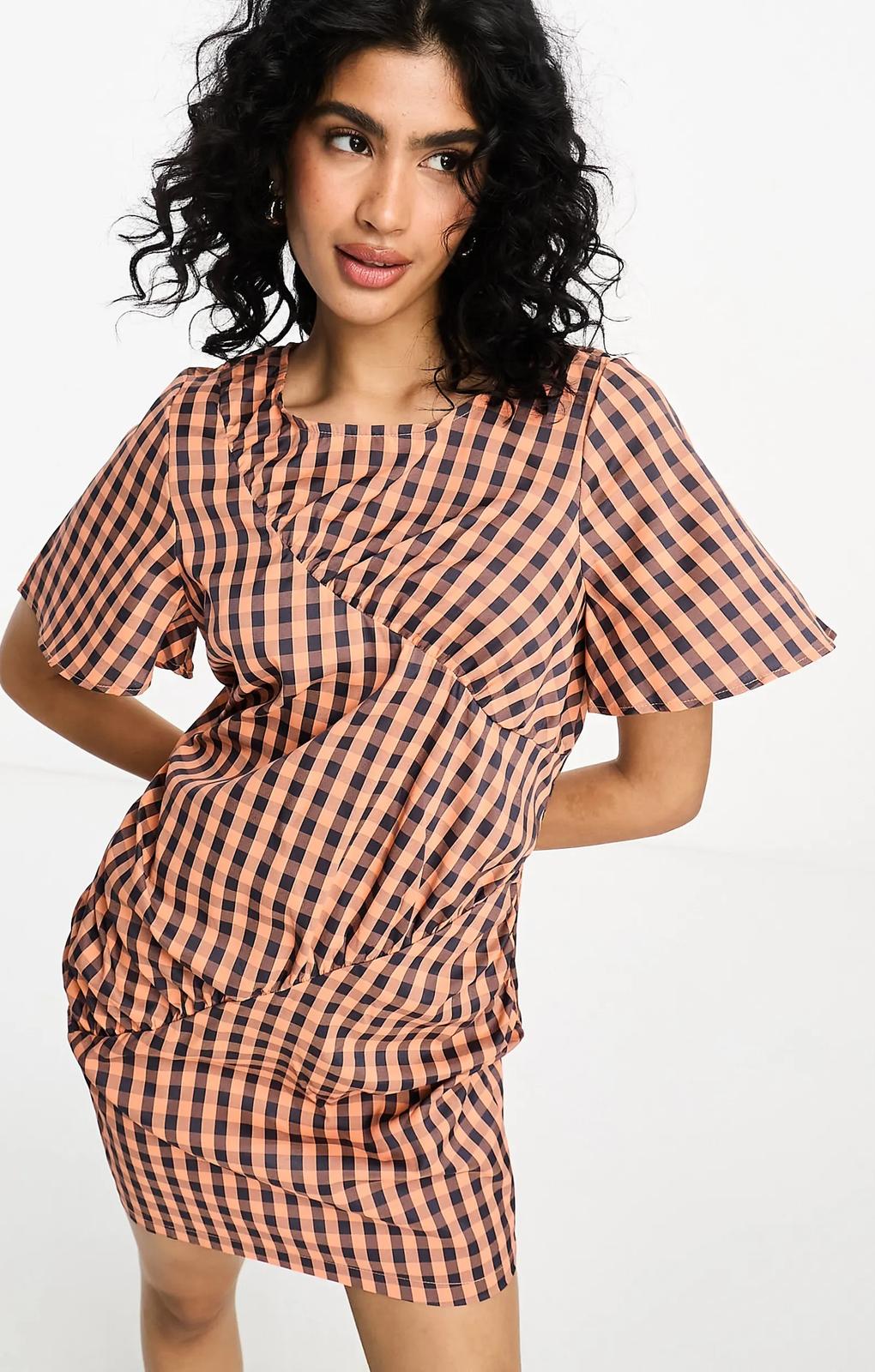 Vila Ruched Detail Mini Dress In Navy Check – dresses by Vila, available to rent from Hirestreet