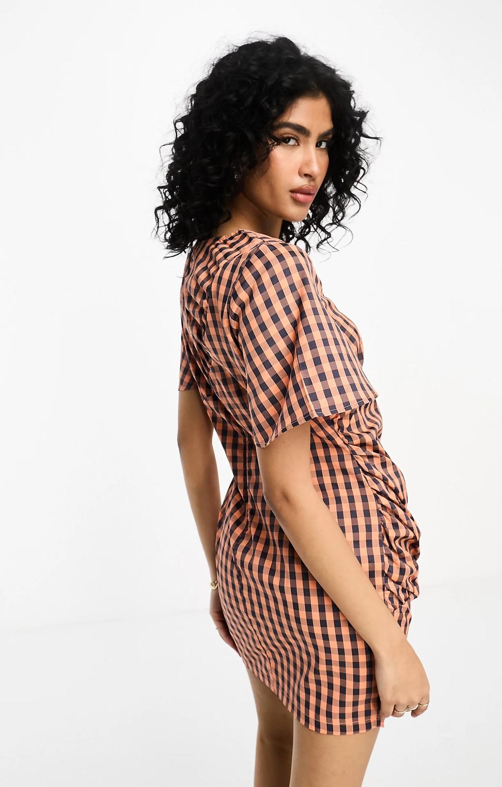 Vila Ruched Detail Mini Dress In Navy Check – dresses by Vila, available to rent from Hirestreet
