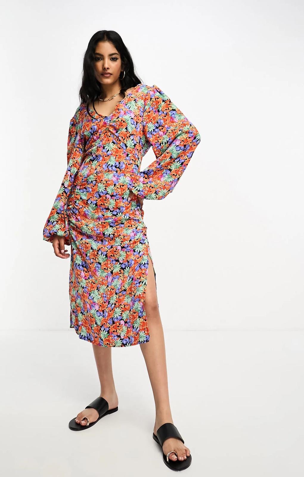 Vila Ruched Front Midi Dress In Red Floral Pint – dresses by Vila, available to rent from Hirestreet