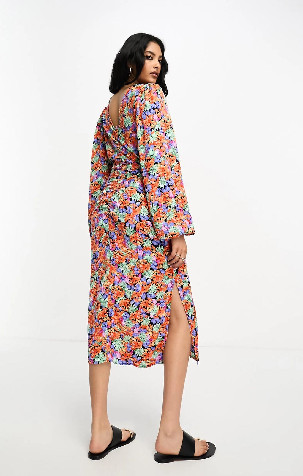 Vila Ruched Front Midi Dress In Red Floral Pint – dresses by Vila, available to rent from Hirestreet