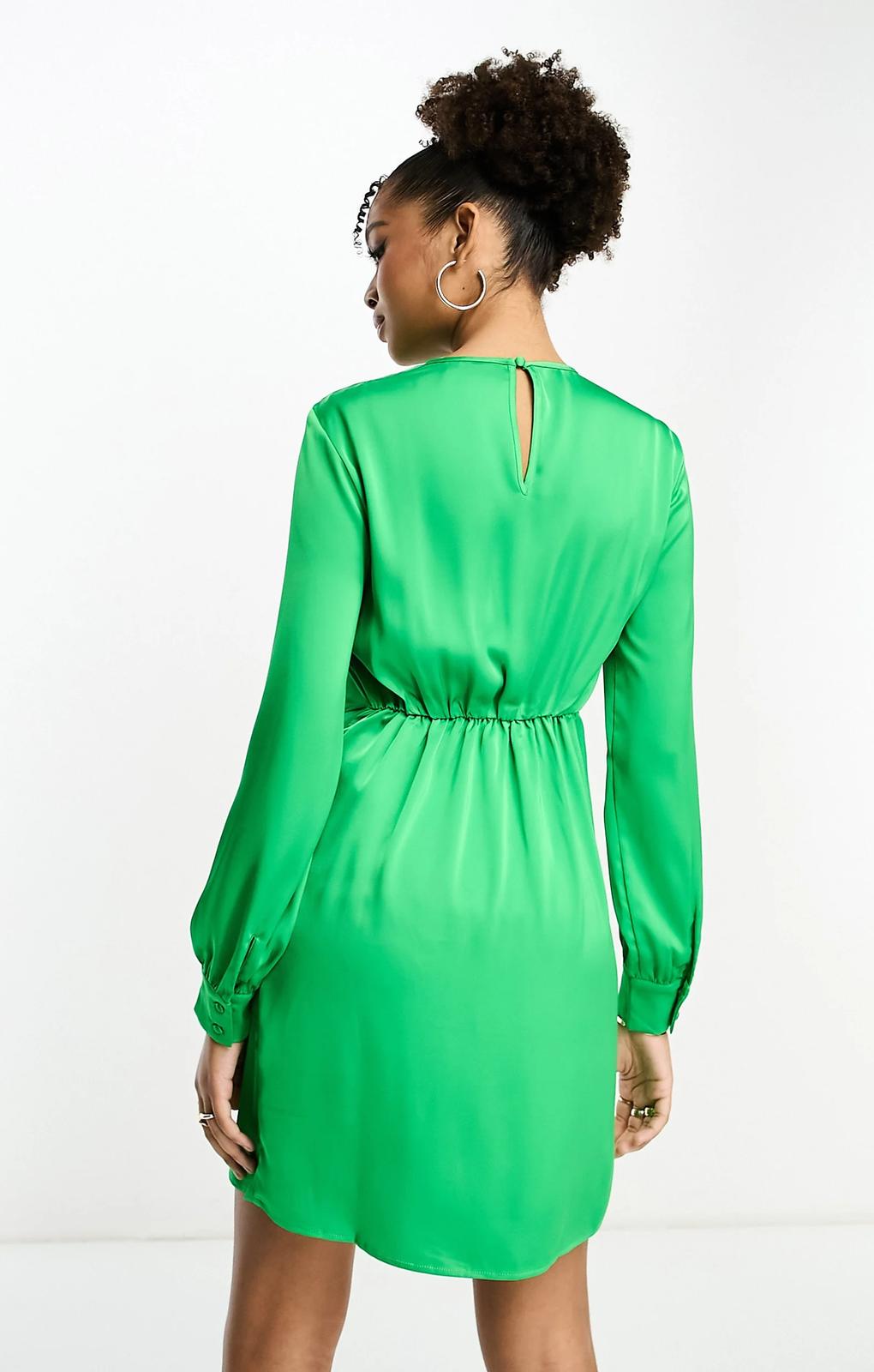 Vila Satin Knot Front Mini Dress In Bright Green – dresses by Vila, available to rent from Hirestreet