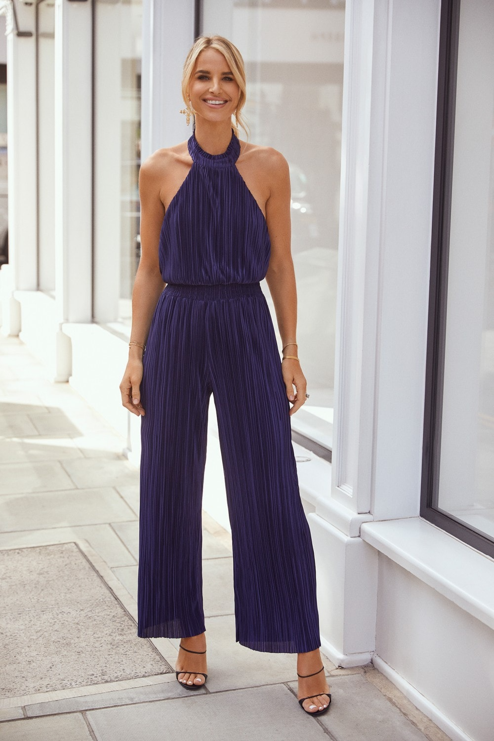 Little Mistress Navy Plisse Jumpsuit by Vogue Williams