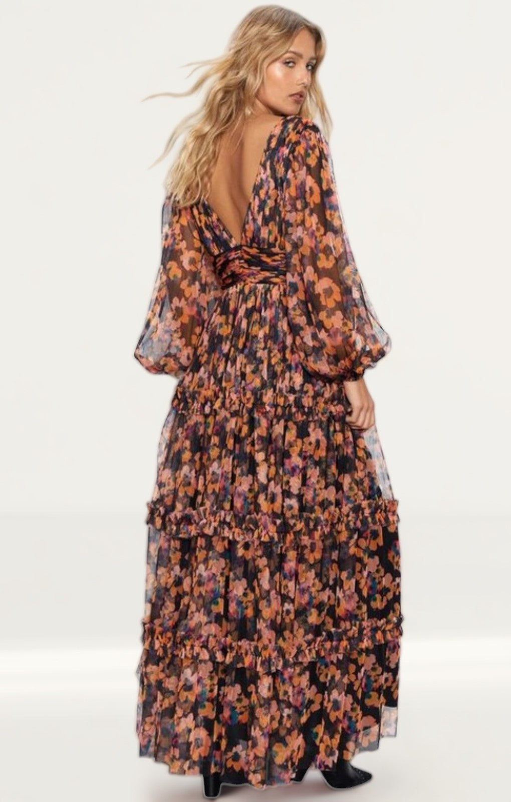 Warehouse Black Floral Tulle Balloon Sleeve Tiered Maxi Dress