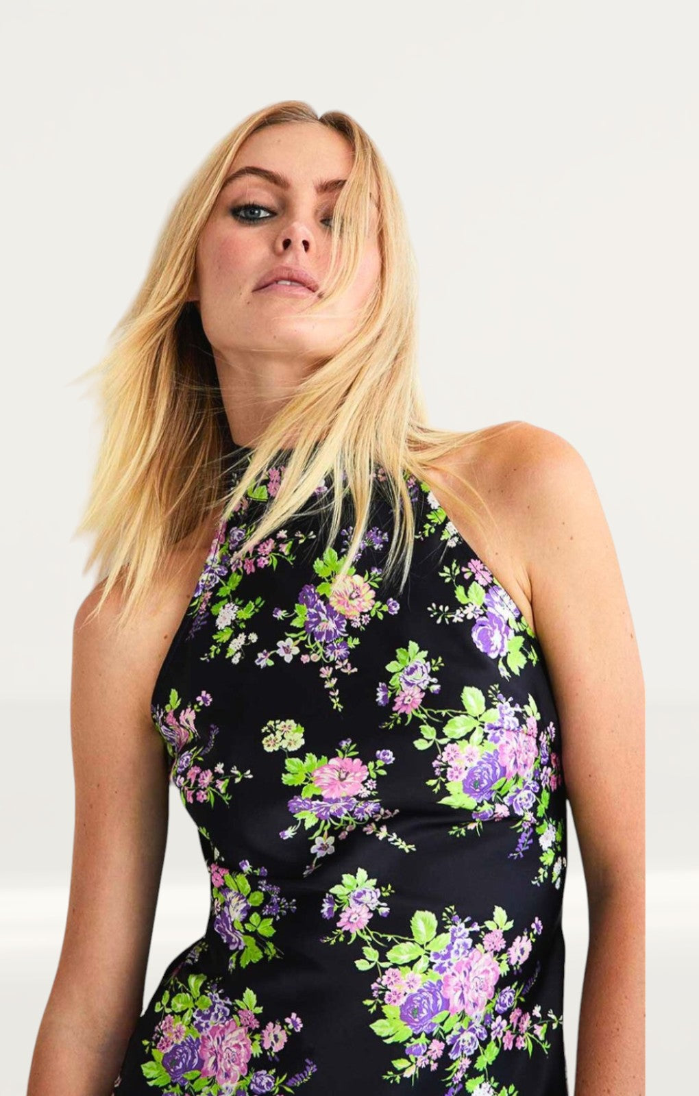 Warehouse Floral Satin Halter Backless Slip Dress