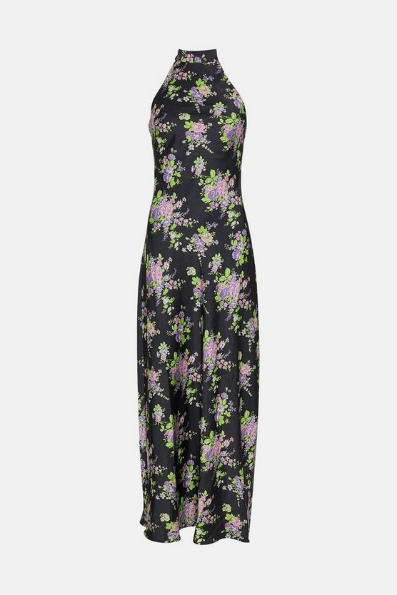 Warehouse Floral Satin Halter Backless Slip Dress