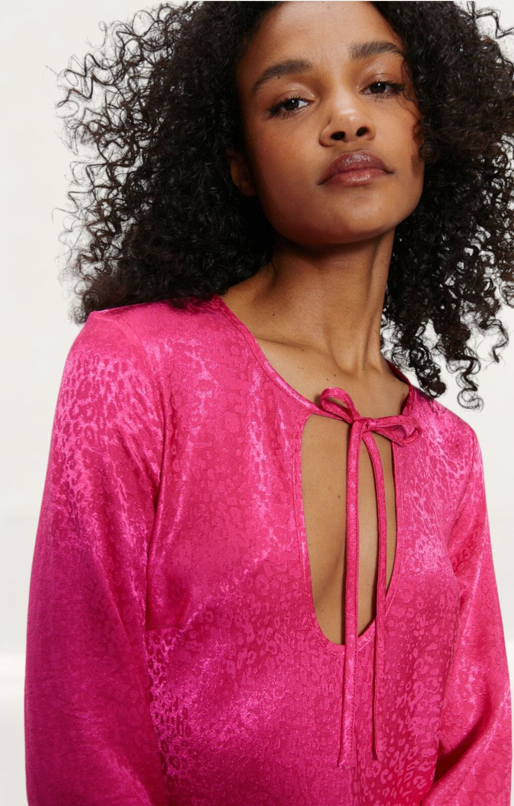 Warehouse Pink Animal Satin Jacquard Tie Front Dress