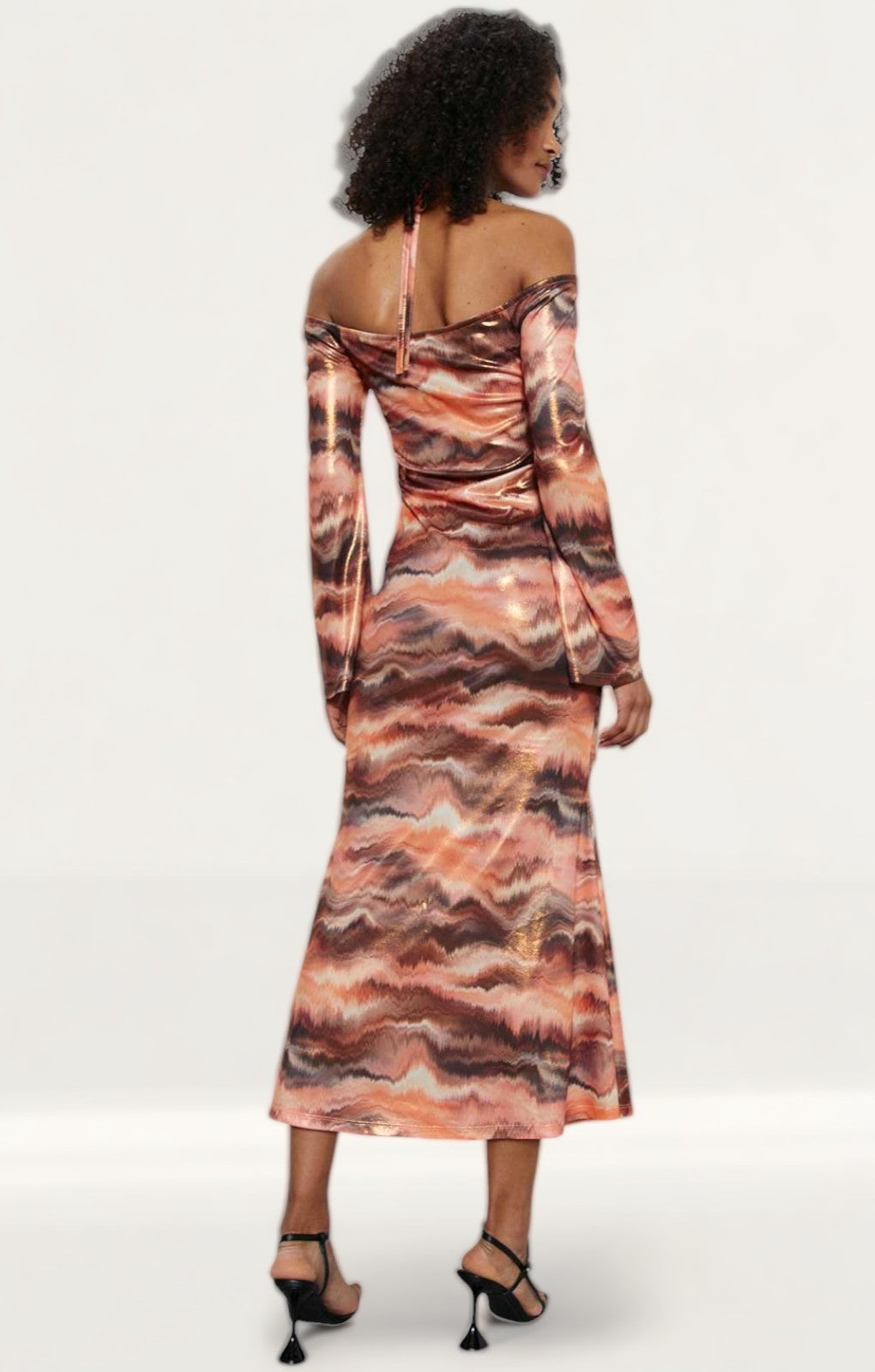 Warehouse Printed Metallic Ruche Front Dress