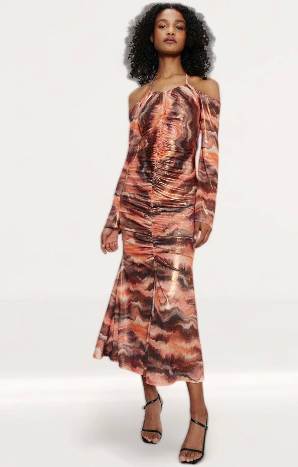 Warehouse Printed Metallic Ruche Front Dress