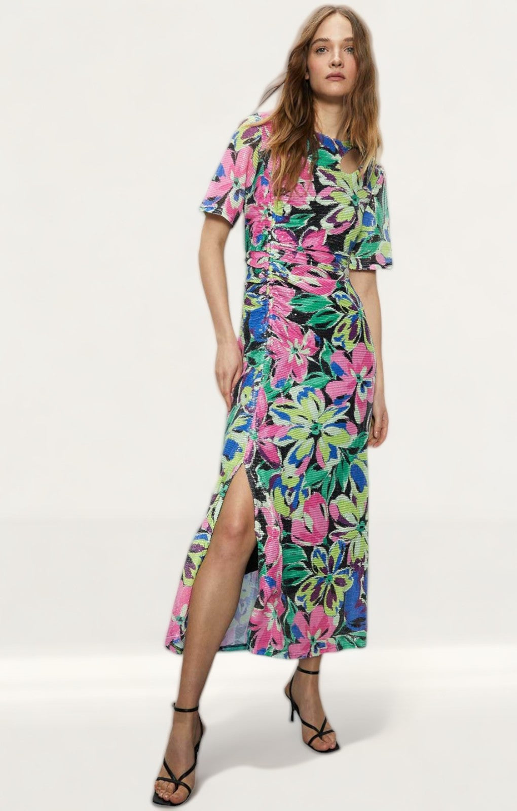 Warehouse Printed Sequin Ruched Side Midi Dress Warehouse Printed Sequin Ruched Side Midi Dress
