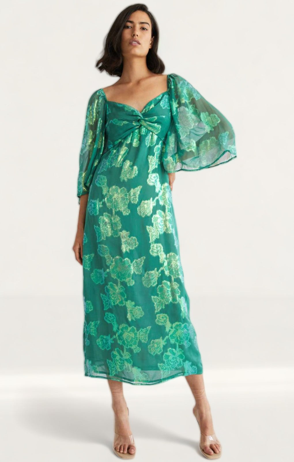 Warehouse Sparkle Jacquard Twist Neck Midi Dress