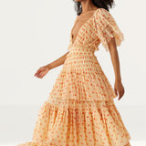 Warehouse Spot Printed Tulle Plunge V Neck Maxi Dress