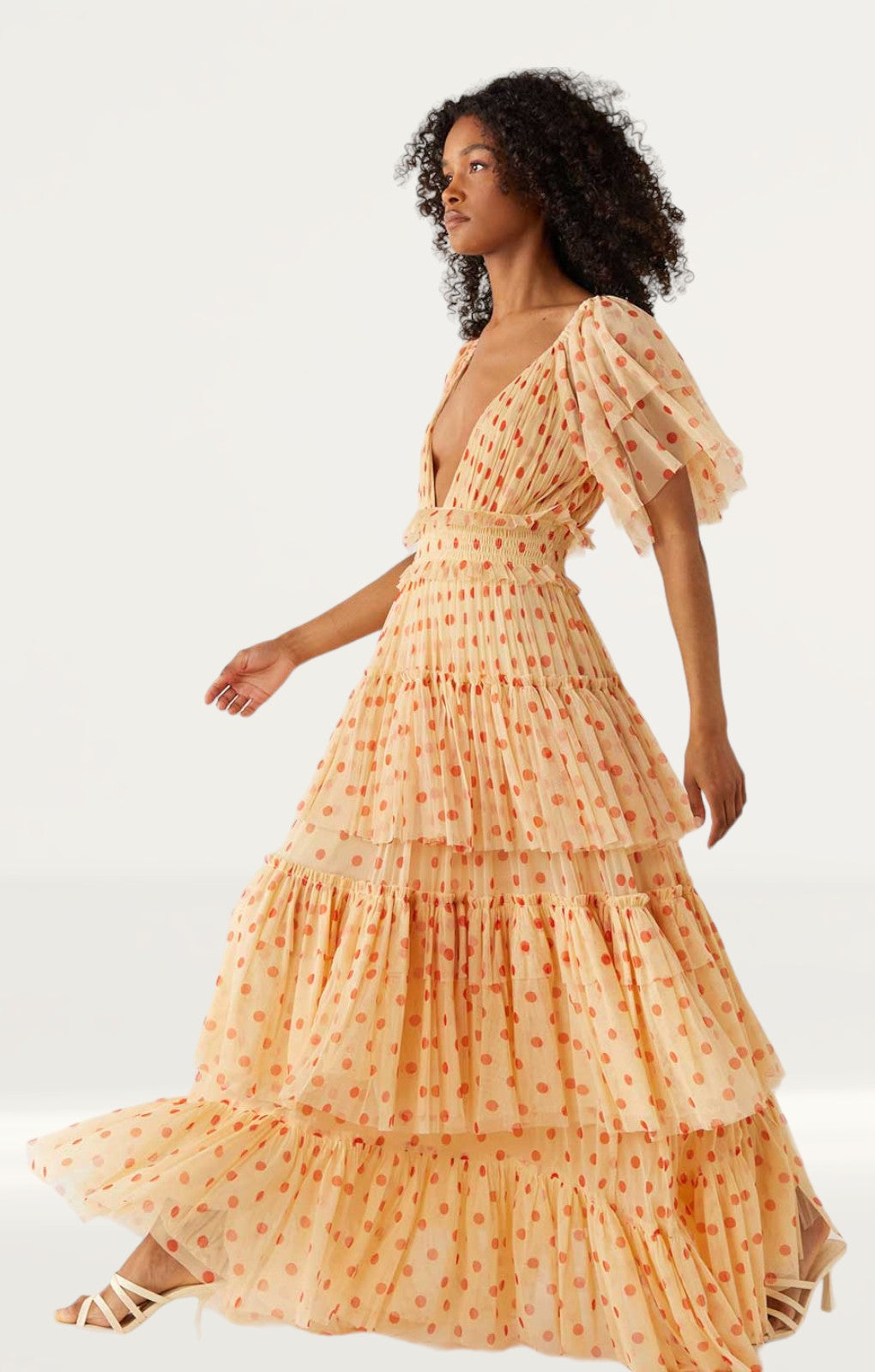Warehouse Spot Printed Tulle Plunge V Neck Maxi Dress