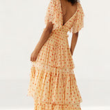 Warehouse Spot Printed Tulle Plunge V Neck Maxi Dress