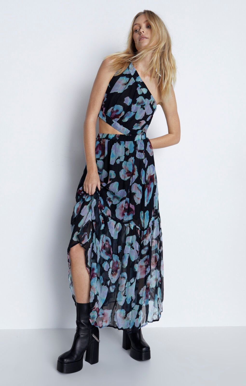Rent Warehouse Blue Floral Crinkle Chiffon Cutout One Shoulder Maxi Dress | Hirestreet Rent Warehouse Blue Floral Crinkle Chiffon Cutout One Shoulder Maxi Dress | Hirestreet