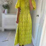 Warehouse Lime Broderie Puff Sleeve Tie Back Midi Dress