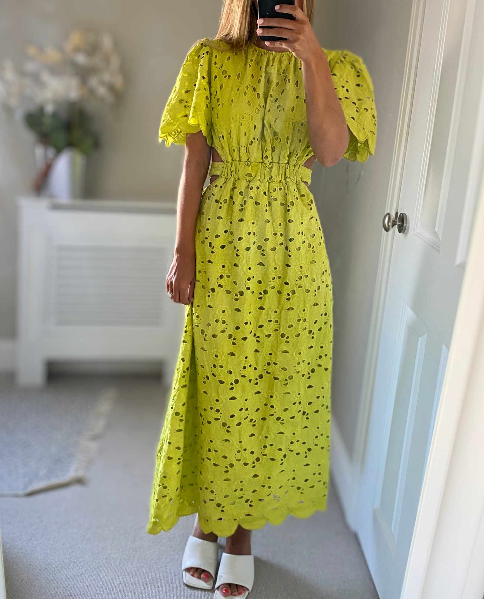 Warehouse Lime Broderie Puff Sleeve Tie Back Midi Dress