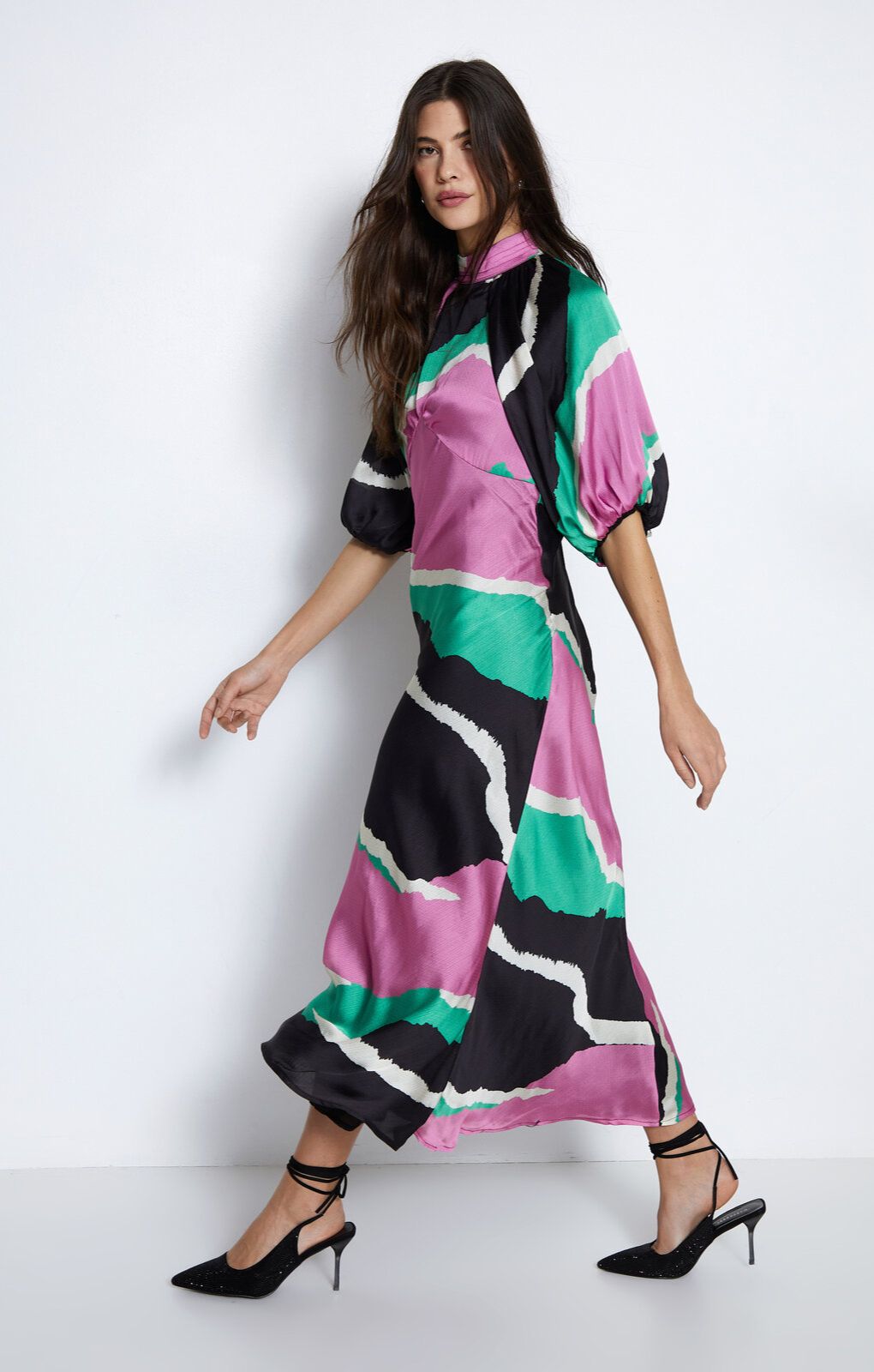 Warehouse Multi Colour Block Puff Sleeve Dress